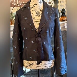Vintage Intuitions Silk Blazer 4 XS S Black Blue Embroidered Flowers Tie Front